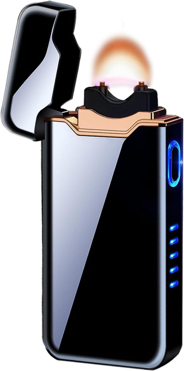 Windproof Electric Lighter - Large Plasma Flame Arc Lighter, Rechargeable USB, Battery Indicator for Candle (Black)