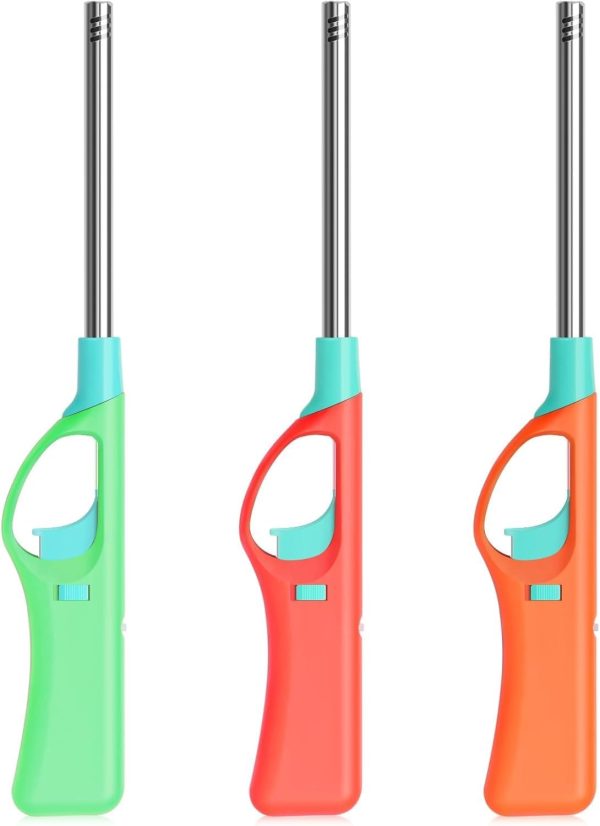 Refillable Butane Lighters, Larger BBQ Grill  Long Stem Lighter Adjustable Soft Flame Multipurpose Lighters (No Butane Fuel Inside) - Pack of 3