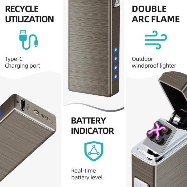 Electric USB Rechargeable Lighter Windproof Flamesless Plasma Dual Arc Lighter Small Metal Pocket Lighters for Candle, Camping Stocking Stuffers Gifts for Men (Nickel Brushed) - Image 2
