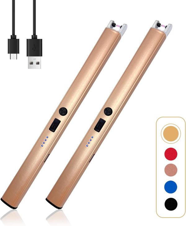2 PCS Candle Lighter,Windproof Flameless Electric Lighter with LED Power Display ＆ Safety Switch, Upgraded Plasma USB Rechargeable Lighters for Birthday Camping BBQ (Champagne Gold)
