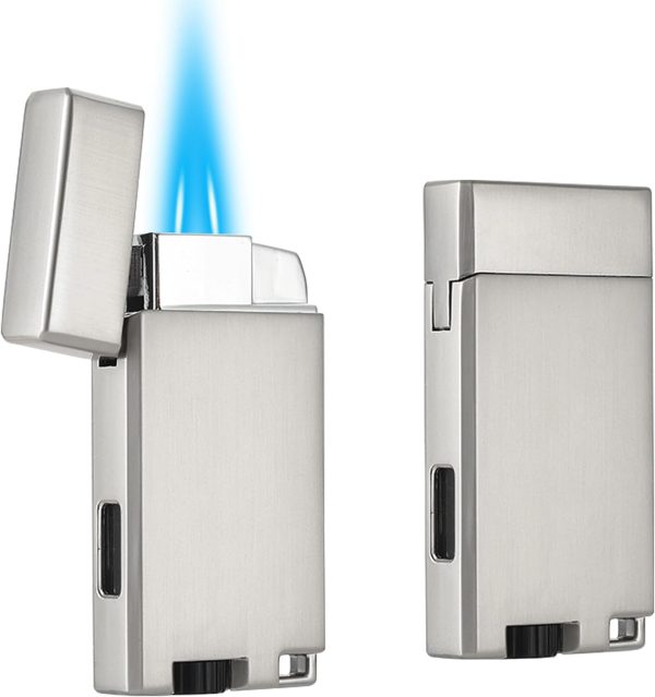 Refillable Butane Torch Lighter with Keyhole and Visible Window, 2 Pack Adjustable Pocket Lighter and Perfect for Men, 1-Year Warranty, Great Gift Idea! Without Gas(Brushed Silver)