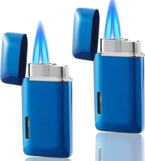 2 Pack Mini Torch Lighter Butane Refillable, Double Flame Butane Lighter with Visible Window, Adjustable Jet Lighter, Great Gifts for Men and Women, Without Gas (Blue)
