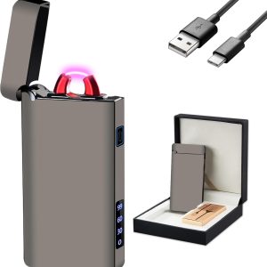 Electric Lighter Arc Plasma Flame Lighter Type-C Rechargeable Lighter Windproof Lighter Outdoor Cool LLighter with LED Battery Indicator for Candles, Fireworks (Feathered Gauze Black)
