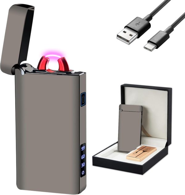 Electric Lighter Arc Plasma Flame Lighter Type-C Rechargeable Lighter Windproof Lighter Outdoor Cool LLighter with LED Battery Indicator for Candles, Fireworks (Feathered Gauze Black)