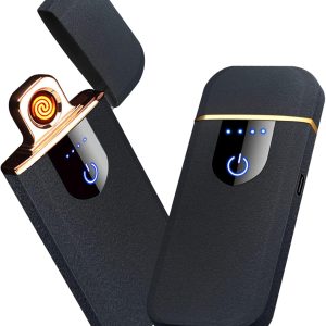 Electronic Lighter, Smart Electric Lighter, Mini USB Rechargeable Lighter Touch Double-Sided Ignition Windproof Flameless Lighter Lightweight Plasma Lighter with Battery Indicator (Black)