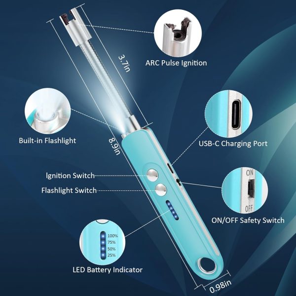 Electric Lighter,Candle Lighters with Flashlight,Windproof & Flameless,Type-C Rechargeable with Safety Switch for BBQ,Grill,Camping,Fireplace,Stove (Blue) - Image 2