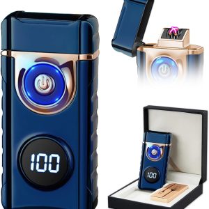 Plasma Lighter Rechargeable Electric Lighter for Candle Arc Type C Electronic Torch Lighter Windproof Portable Metal Lighter with LED Power Display for Camping, Hiking, BBQ (Blue), 0.1