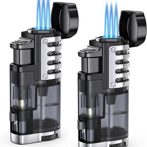 Torch Lighter Butane Refillable Triple Jet Flame Torch Lighters, Windproof Adjustable Flame Butane Torch Lighter with Punch 2 Pack (Without Fuel)